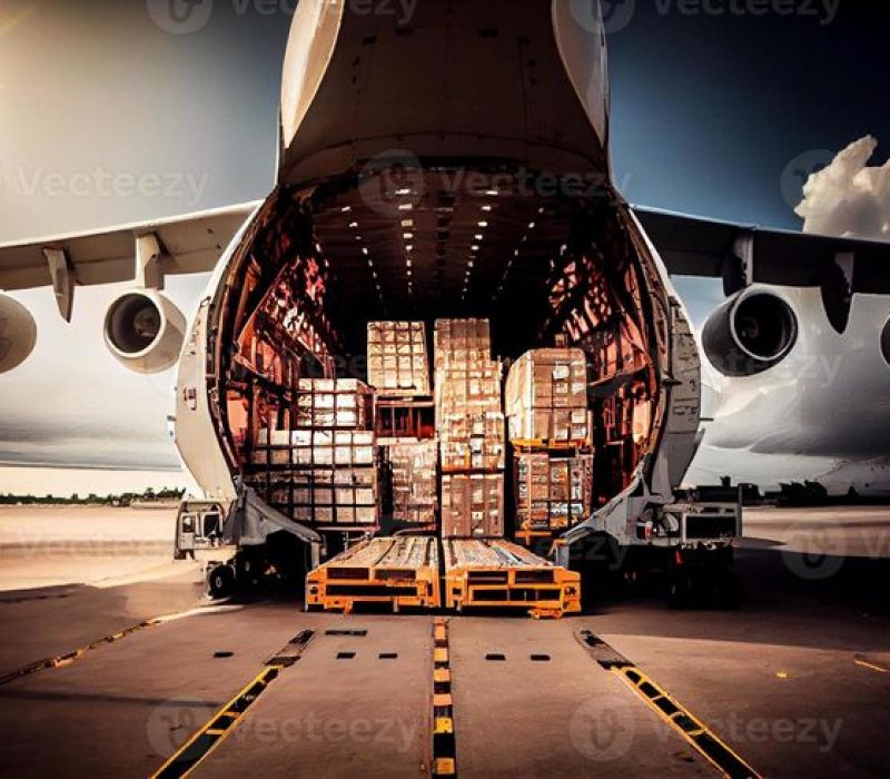 cargo plane unloads containers with boxes, air freight illustration